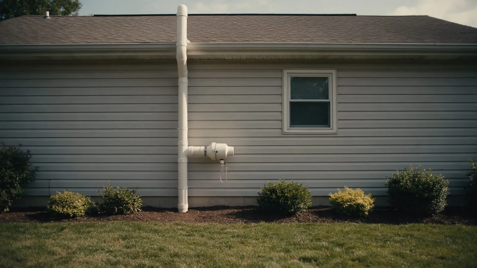 The same wall after installation, with one white pipe, a fan, and a gauge, routed neatly up the siding